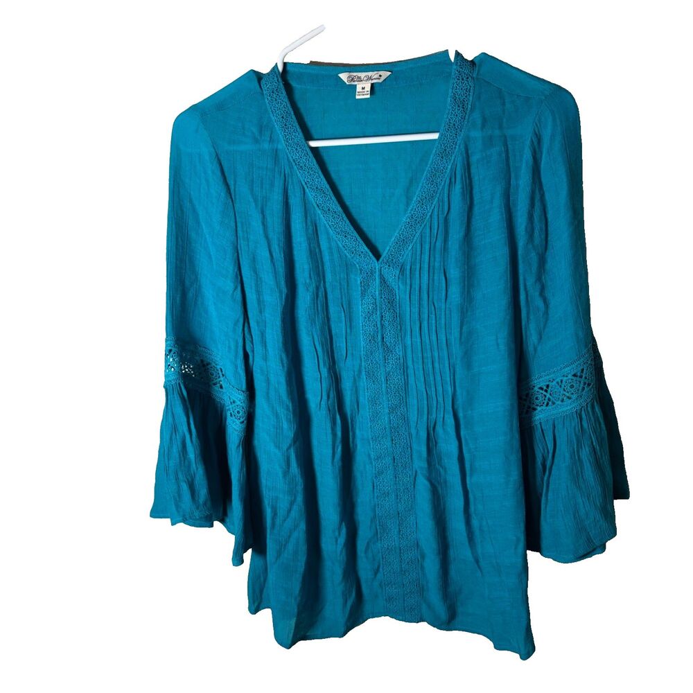 The Pioneer Woman Blouse Women's Medium Blue V-Neck 3/4 Sleeve Top Shirt